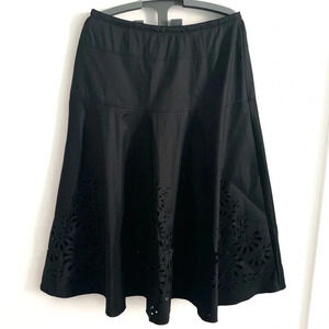 KM Collections Black Midi Skirt Size 10 Floral Laser Cut Hem, Goth Fairy Grunge